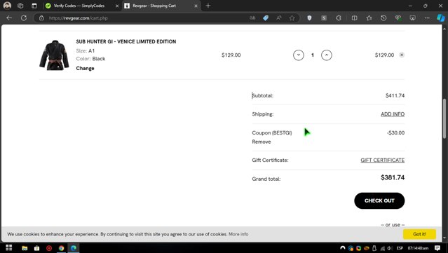Revgear checkout page showing Revgear promo code box | Screenshot taken by SimplyCodes community member on Oct 3, 2024