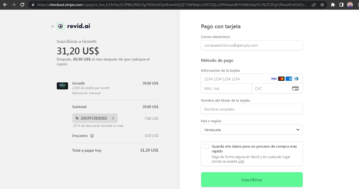 Revid.ai promo code screenshot showing code 20OFFC0DESED applied at Revid.ai checkout page. Uploaded by SimplyCodes community member HUNTER1406 on Jan 19, 2026