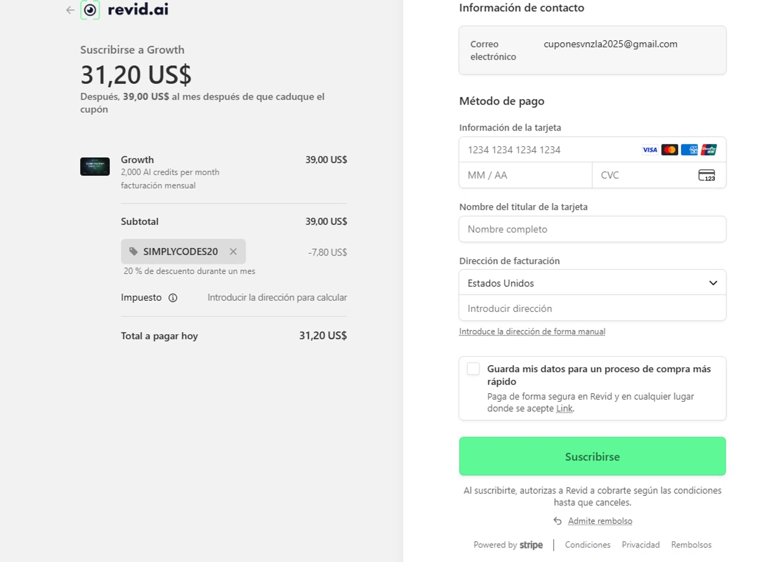 Revid.ai checkout page showing Revid.ai promo code box | Screenshot taken by SimplyCodes community member on Feb 5, 2026
