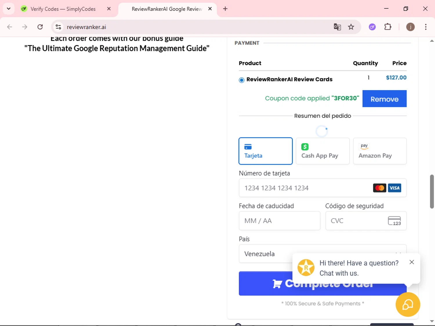 ReviewRankerAI promo code screenshot showing code 3FOR30 applied at ReviewRankerAI checkout page. Uploaded by SimplyCodes community member xcvcxvsave on Dec 10, 2025