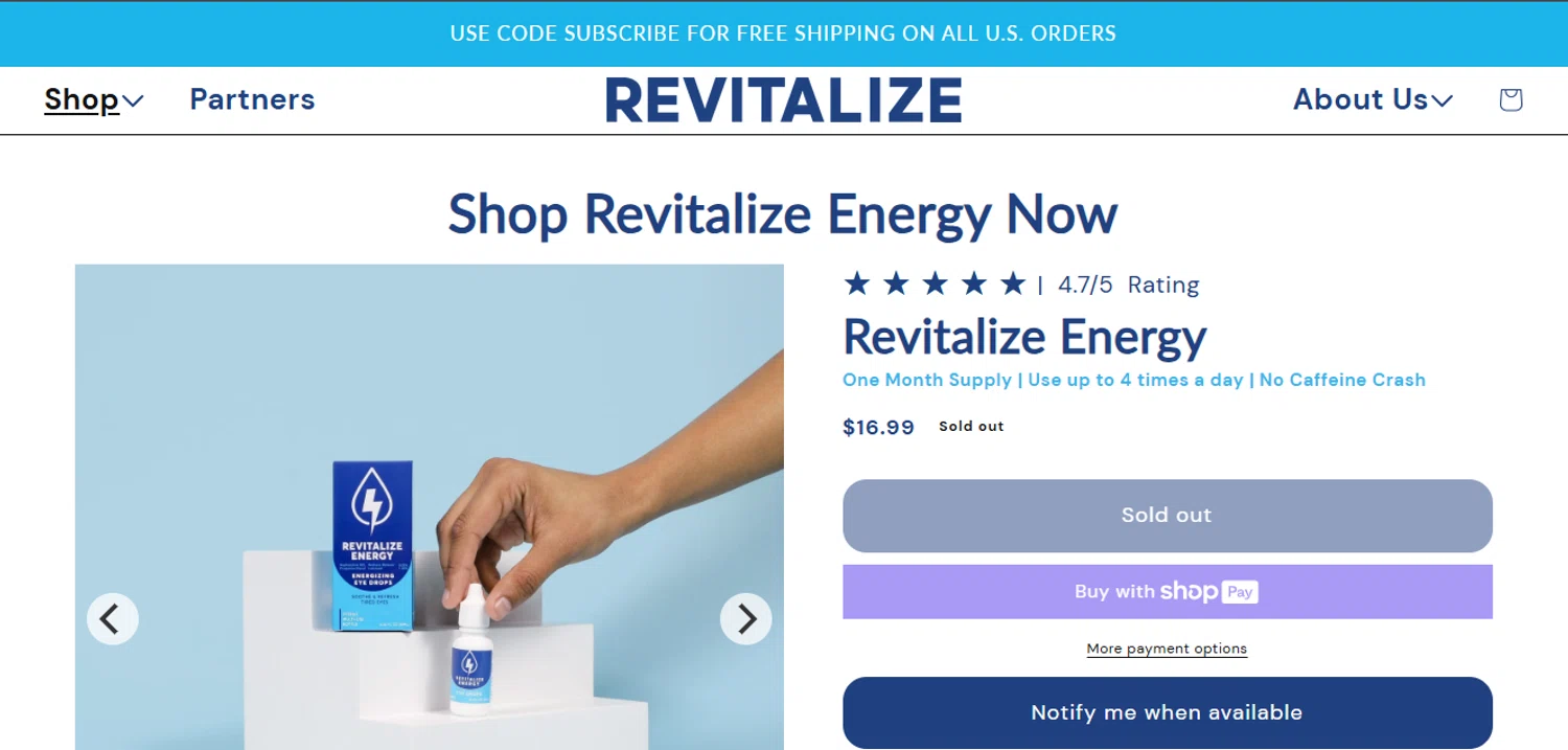 Revitalize Energy promo code screenshot showing code SUBSCRIBE applied at Revitalize Energy checkout page. Uploaded by SimplyCodes community member CoinWhiz6239 on May 13, 2025