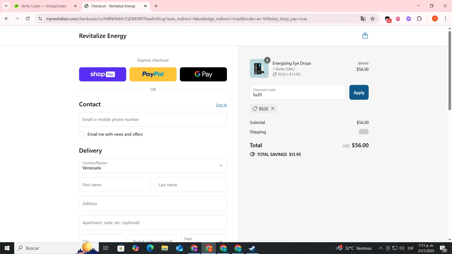 Revitalize Energy promo code screenshot showing code bs20 applied at Revitalize Energy checkout page. Uploaded by SimplyCodes community member FrugalSentinel6206 on Jul 21, 2025