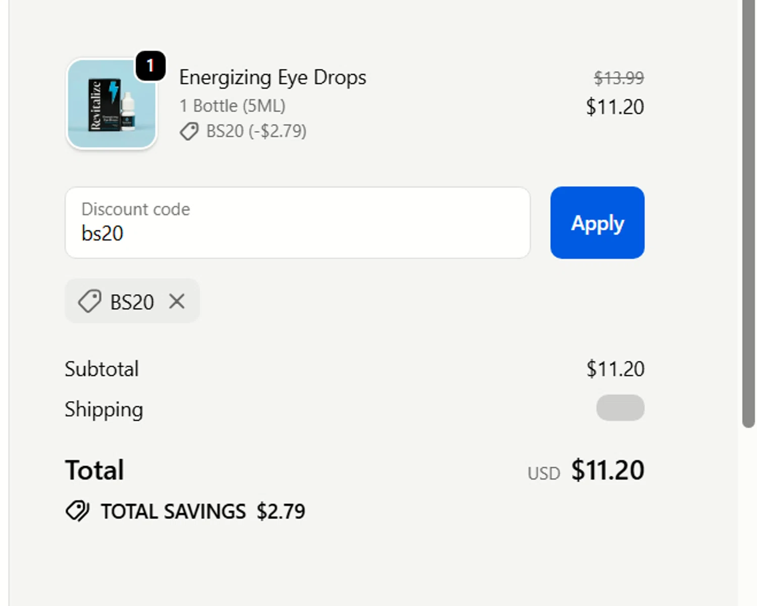 Revitalize Energy promo code screenshot showing code bs20 applied at Revitalize Energy checkout page. Uploaded by SimplyCodes community member Sova_Valorant on Oct 16, 2025