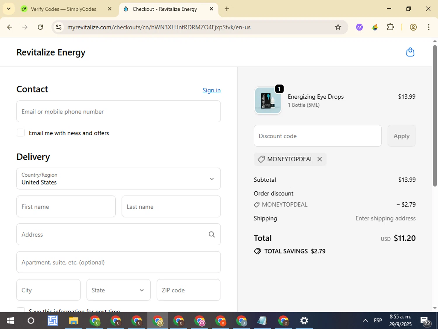 Revitalize Energy promo code screenshot showing code MONEYTOPDEAL applied at Revitalize Energy checkout page. Uploaded by SimplyCodes community member VictorL on Sep 29, 2025