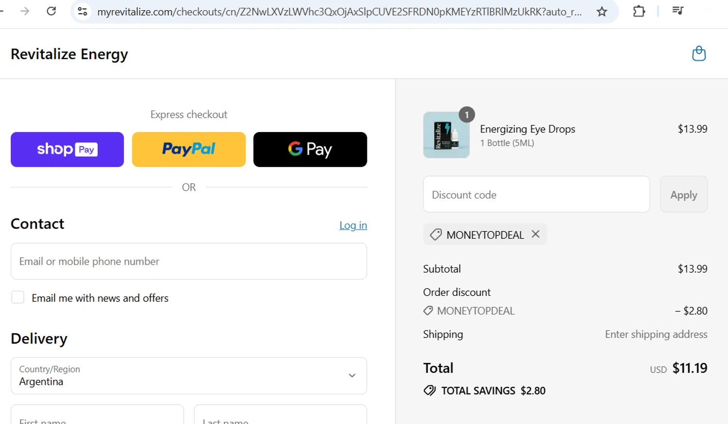 Revitalize Energy promo code screenshot showing code MONEYTOPDEAL applied at Revitalize Energy checkout page. Uploaded by SimplyCodes community member terricameron on Jul 4, 2025