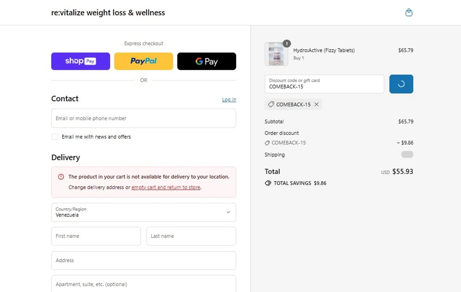 re:vitalize Shop promo code screenshot showing code COMEBACK-15 applied at re:vitalize Shop checkout page. Uploaded by SimplyCodes community member VictoriousSpotter2855 on Jul 30, 2025