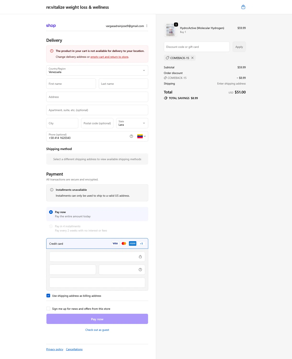 re:vitalize Shop promo code screenshot showing code COMEBACK-15 applied at re:vitalize Shop checkout page. Uploaded by SimplyCodes community member WladimirV on Dec 26, 2025