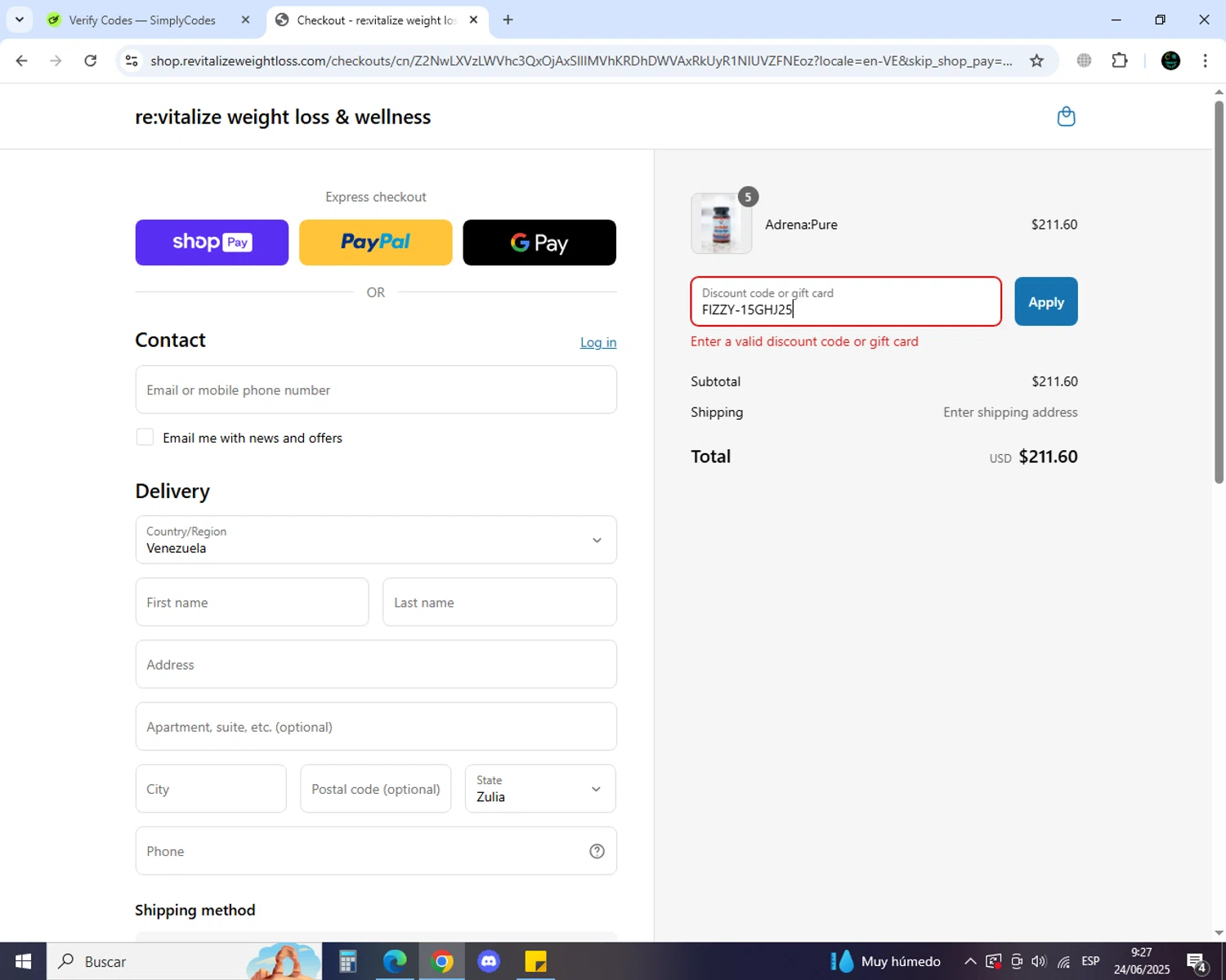 re:vitalize Shop promo code screenshot showing code FIZZY-15GHJ25 applied at re:vitalize Shop checkout page. Uploaded by SimplyCodes community member MoneyGenius452 on Jun 24, 2025