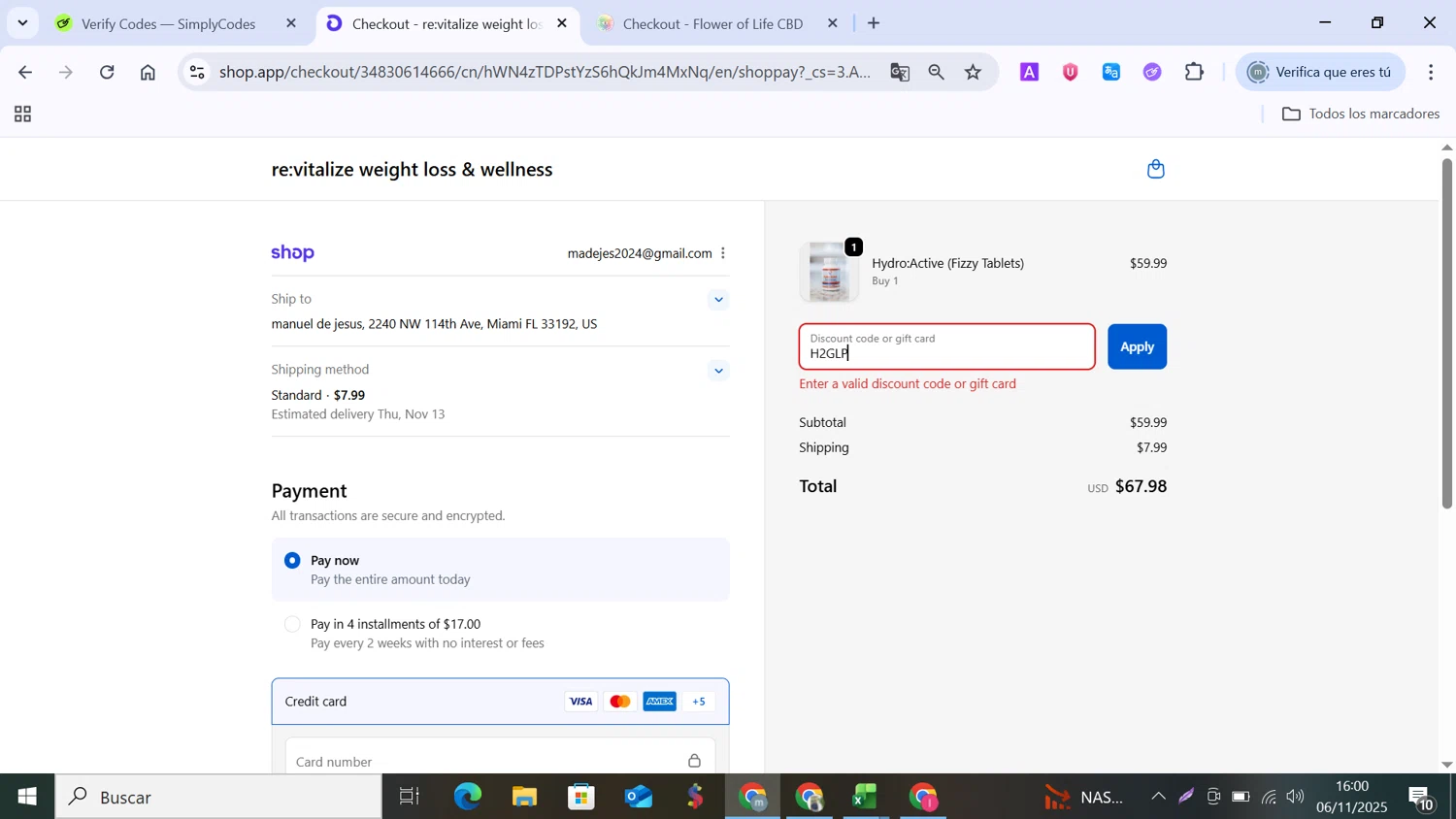 re:vitalize Shop promo code screenshot showing code H2GLP applied at re:vitalize Shop checkout page. Uploaded by SimplyCodes community member MANUELURBINA on Nov 6, 2025