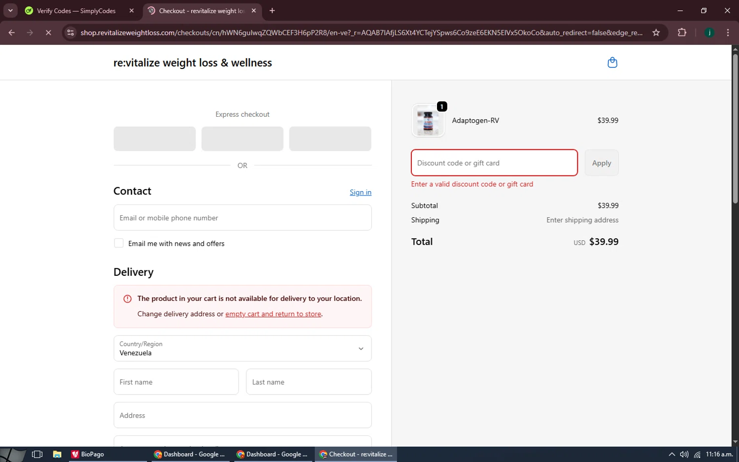 re:vitalize Shop promo code screenshot showing code NY2026-FS applied at re:vitalize Shop checkout page. Uploaded by SimplyCodes community member MoneySpotter5416 on Dec 21, 2025