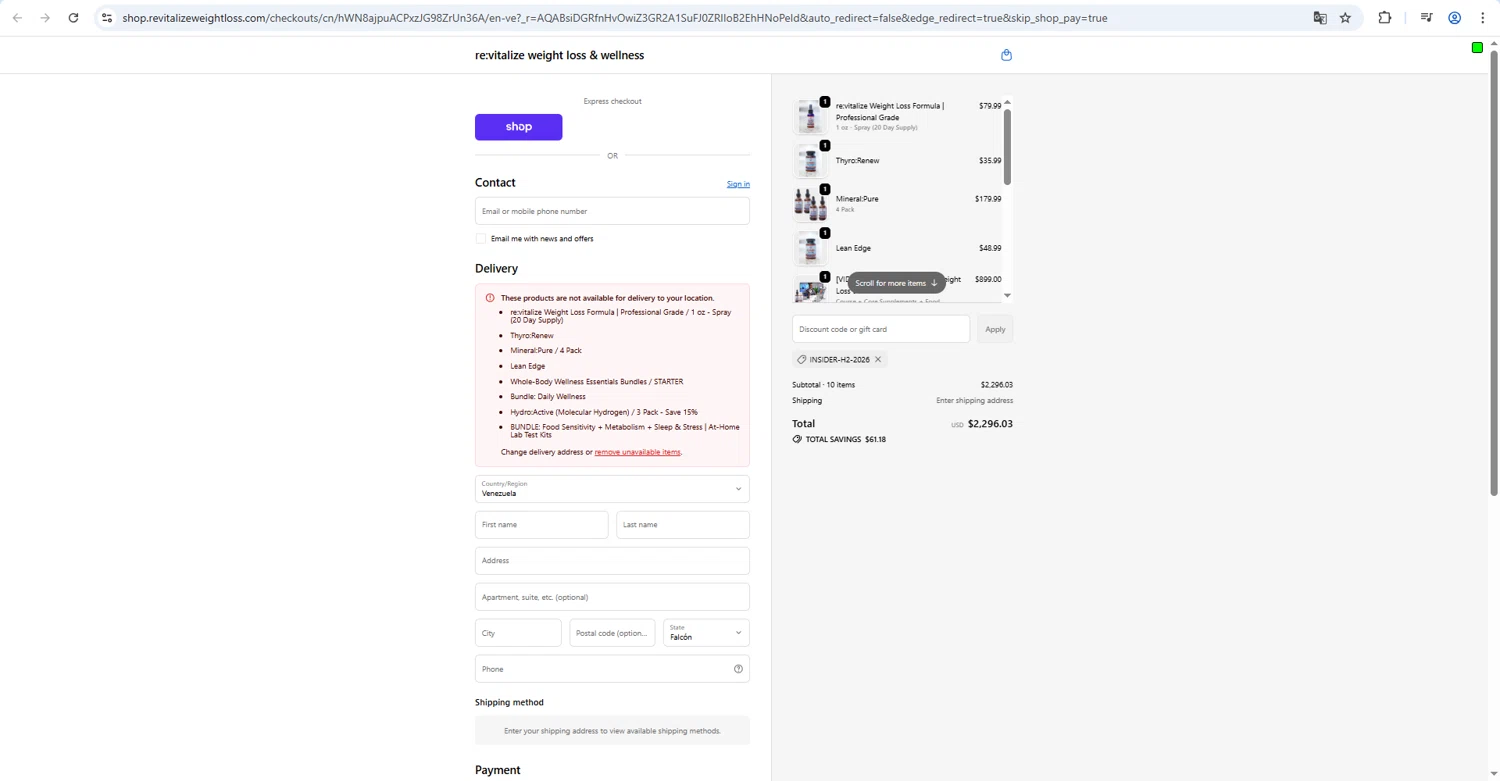re:vitalize Shop checkout page showing re:vitalize Shop promo code box | Screenshot taken by SimplyCodes community member on Feb 9, 2026