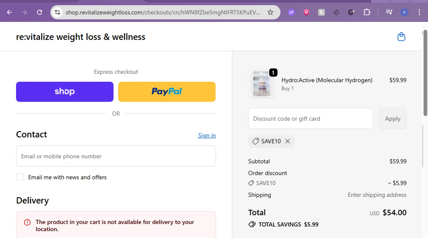 re:vitalize Shop promo code screenshot showing code SAVE10 applied at re:vitalize Shop checkout page. Uploaded by SimplyCodes community member beatrizcastillo on Feb 11, 2026
