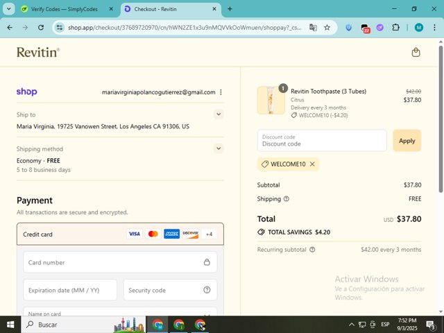 Revitin checkout page showing Revitin promo code box | Screenshot taken by SimplyCodes community member on Sep 3, 2025