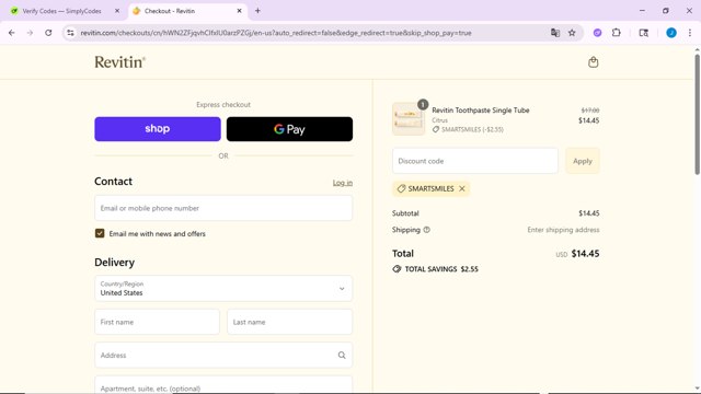 Revitin checkout page showing Revitin promo code box | Screenshot taken by SimplyCodes community member on Sep 4, 2025