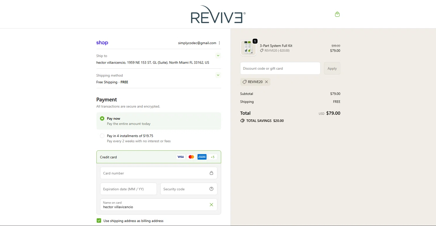 Reviv3 Procare promo code screenshot showing code REVIVE20 applied at Reviv3 Procare checkout page. Uploaded by SimplyCodes community member MasterKing on Sep 20, 2025