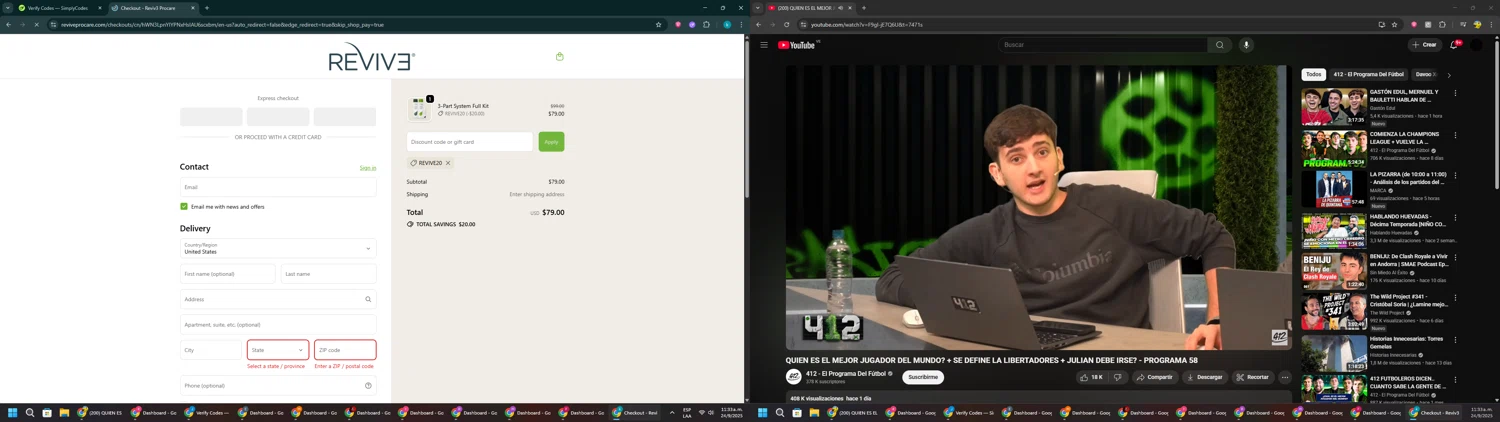 Reviv3 Procare promo code screenshot showing code REVIVE20 applied at Reviv3 Procare checkout page. Uploaded by SimplyCodes community member RewardKnight9989 on Sep 24, 2025