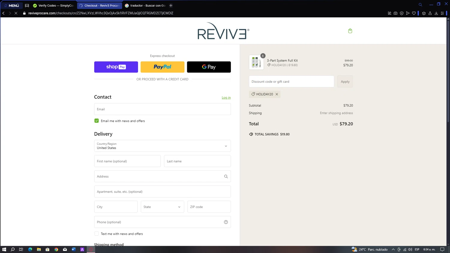 Reviv3 Procare promo code screenshot showing code holiday20 applied at Reviv3 Procare checkout page. Uploaded by SimplyCodes community member BATMANJA on Feb 20, 2025