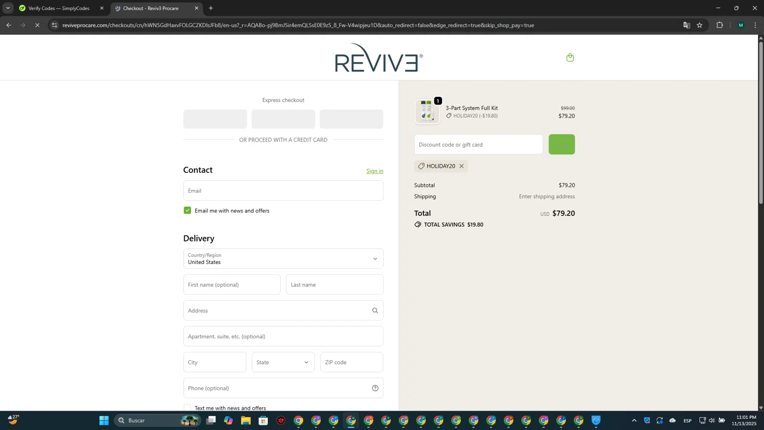 Reviv3 Procare promo code screenshot showing code holiday20 applied at Reviv3 Procare checkout page. Uploaded by SimplyCodes community member MDLECHUZA on Nov 14, 2025