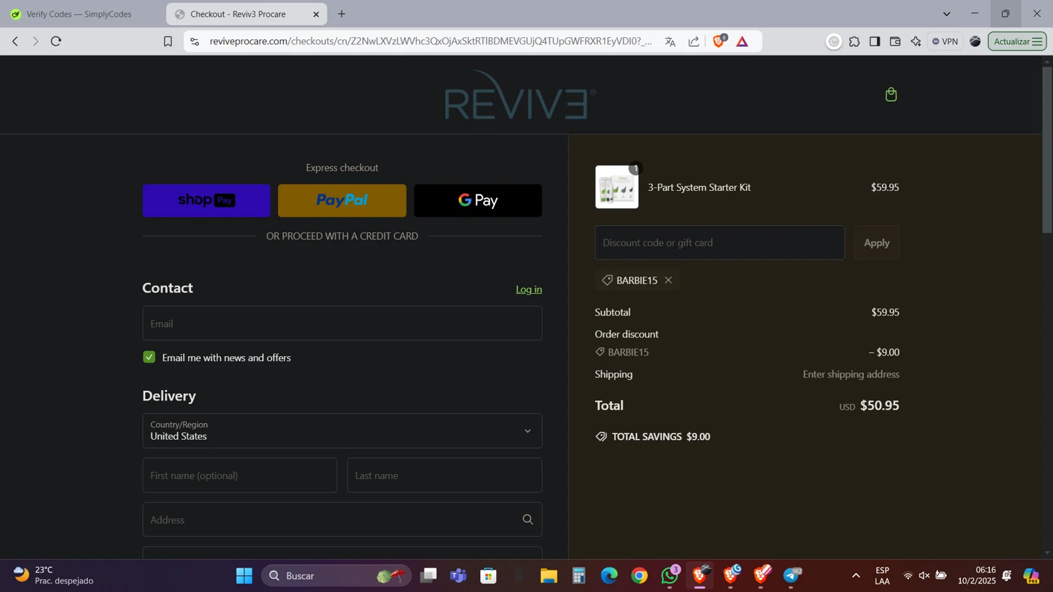 Reviv3 Procare promo code screenshot showing code Barbie15 applied at Reviv3 Procare checkout page. Uploaded by SimplyCodes community member Caraxes on Feb 10, 2025