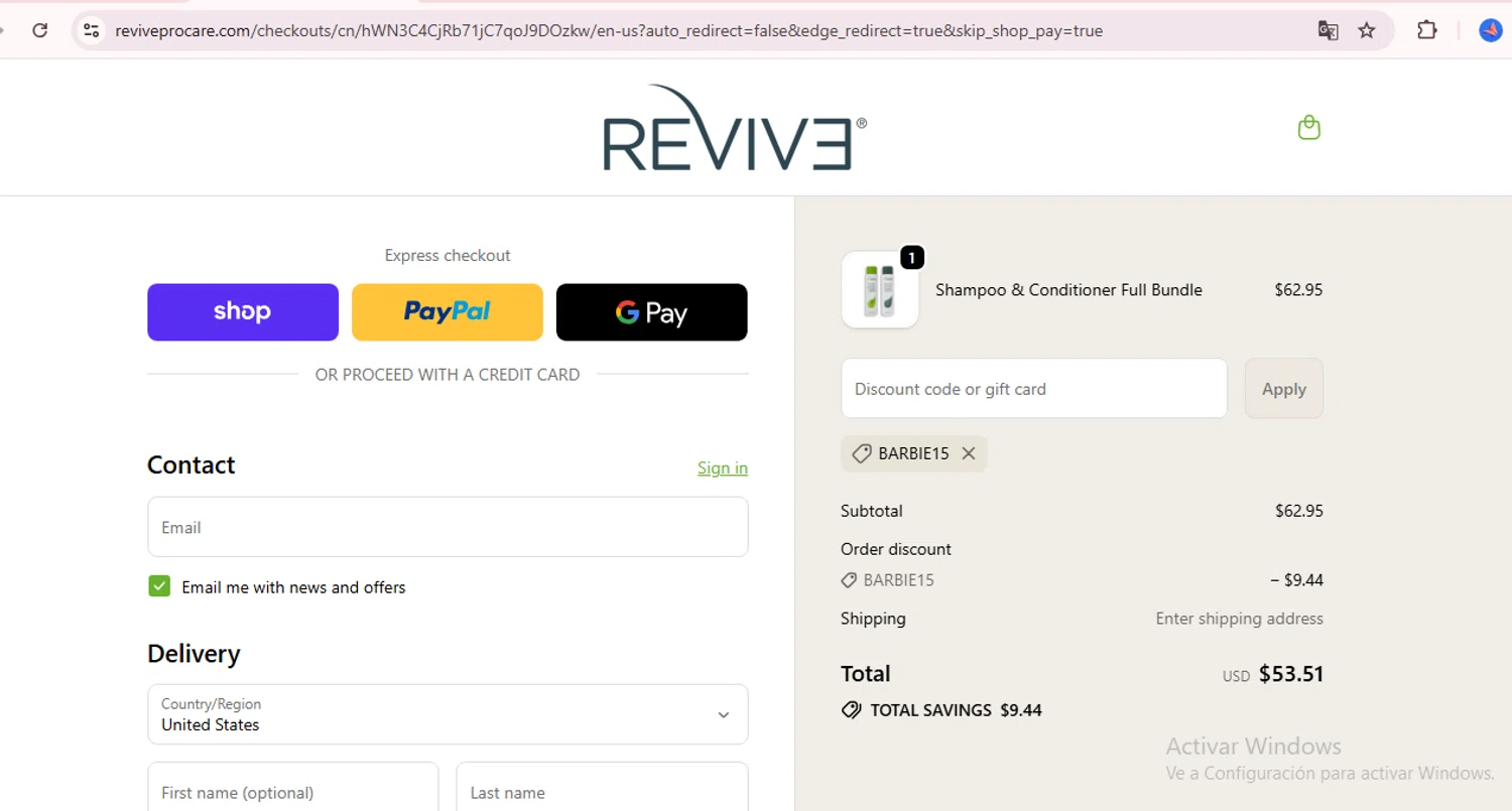 Reviv3 Procare promo code screenshot showing code Barbie15 applied at Reviv3 Procare checkout page. Uploaded by SimplyCodes community member RebateScholar8907 on Sep 20, 2025