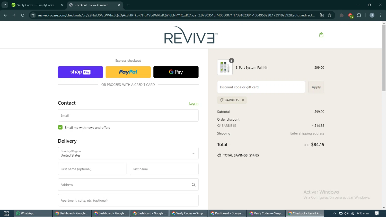 Reviv3 Procare promo code screenshot showing code Barbie15 applied at Reviv3 Procare checkout page. Uploaded by SimplyCodes community member CashShopper1214 on Feb 10, 2025