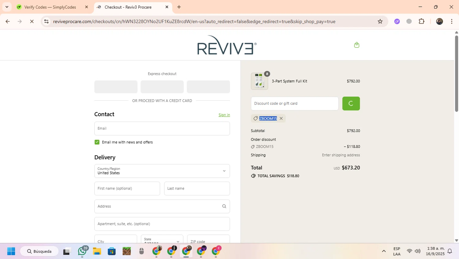 Reviv3 Procare promo code screenshot showing code ZBOOM15 applied at Reviv3 Procare checkout page. Uploaded by SimplyCodes community member CoinScout855 on Sep 16, 2025