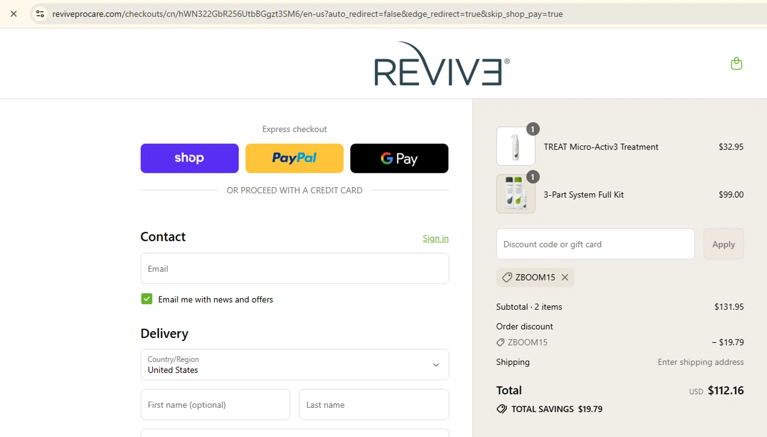 Reviv3 Procare promo code screenshot showing code ZBOOM15 applied at Reviv3 Procare checkout page. Uploaded by SimplyCodes community member Samugl21 on Sep 16, 2025