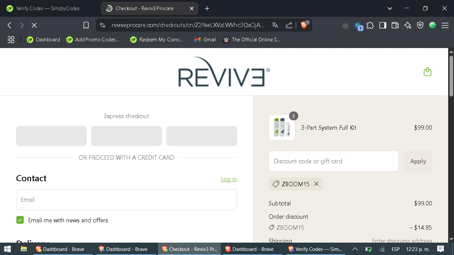 Reviv3 Procare promo code screenshot showing code ZBOOM15 applied at Reviv3 Procare checkout page. Uploaded by SimplyCodes community member SaleAdmiral9379 on May 2, 2025