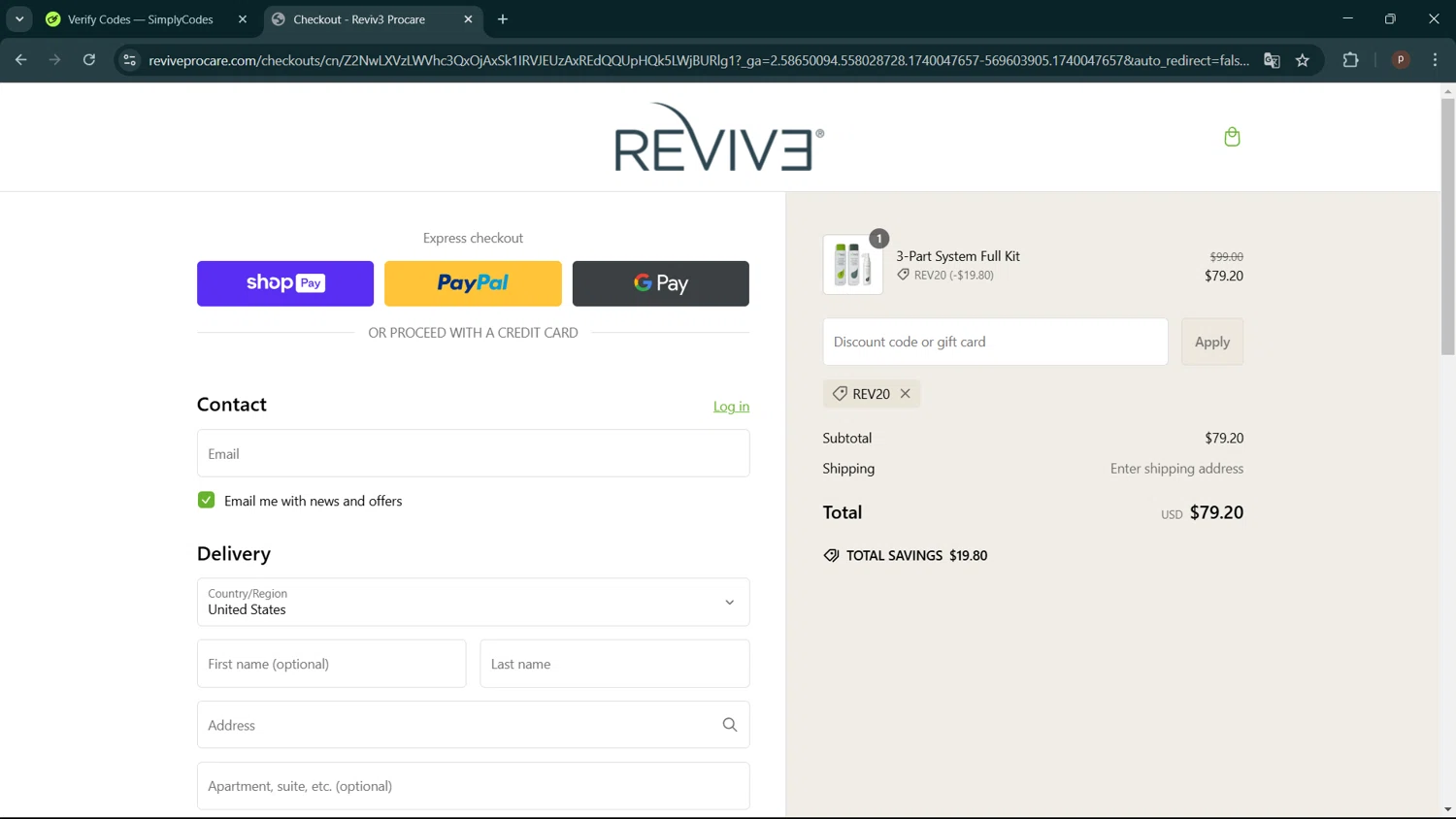 Reviv3 Procare promo code screenshot showing code rev20 applied at Reviv3 Procare checkout page. Uploaded by SimplyCodes community member ShrewdPro2243 on Feb 20, 2025