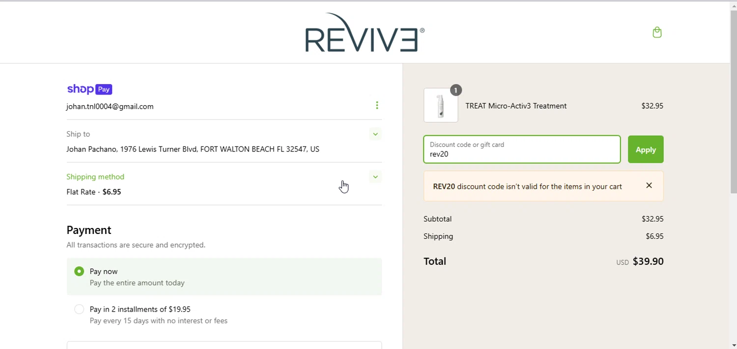 Reviv3 Procare promo code screenshot showing code rev20 applied at Reviv3 Procare checkout page. Uploaded by SimplyCodes community member FrugalSage5401 on Feb 10, 2025