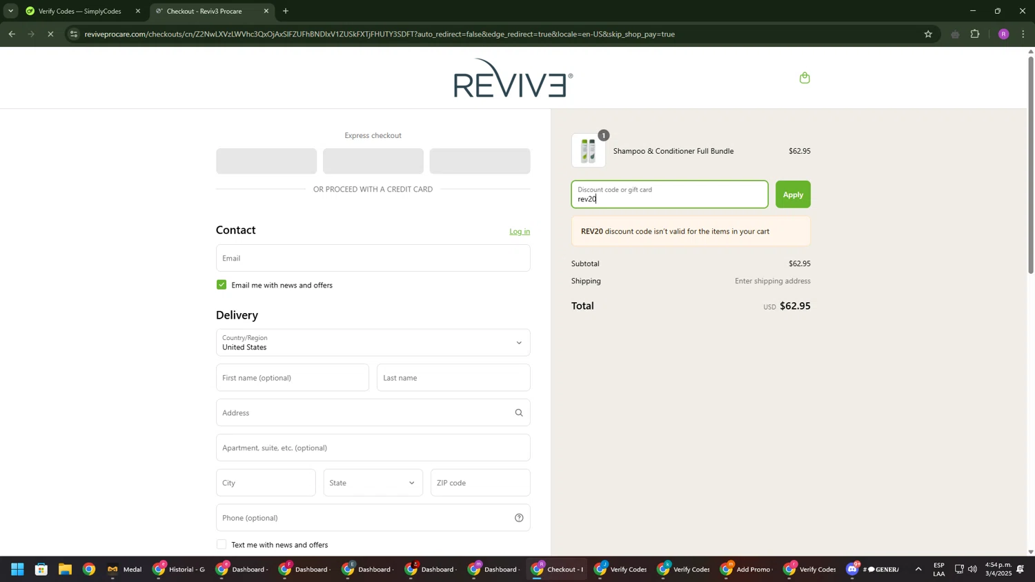 Reviv3 Procare promo code screenshot showing code rev20 applied at Reviv3 Procare checkout page. Uploaded by SimplyCodes community member RoyalSentinel4577 on Apr 3, 2025
