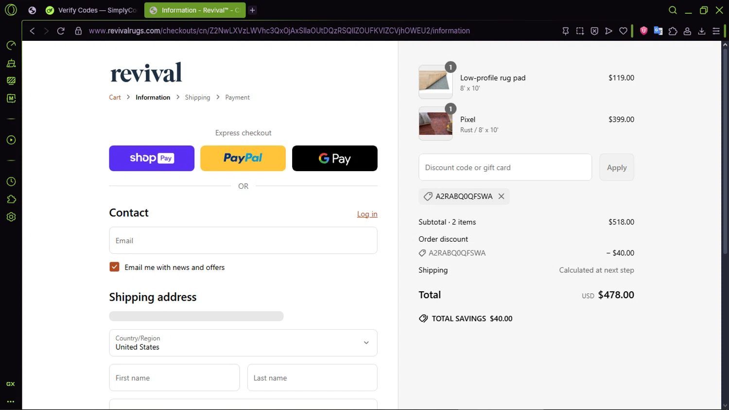 Revival Rugs discount code screenshot showing code A2RABQ0QFSWA applied at Revival Rugs checkout page. Uploaded by SimplyCodes community member CleverMaven2889 on Jun 30, 2025
