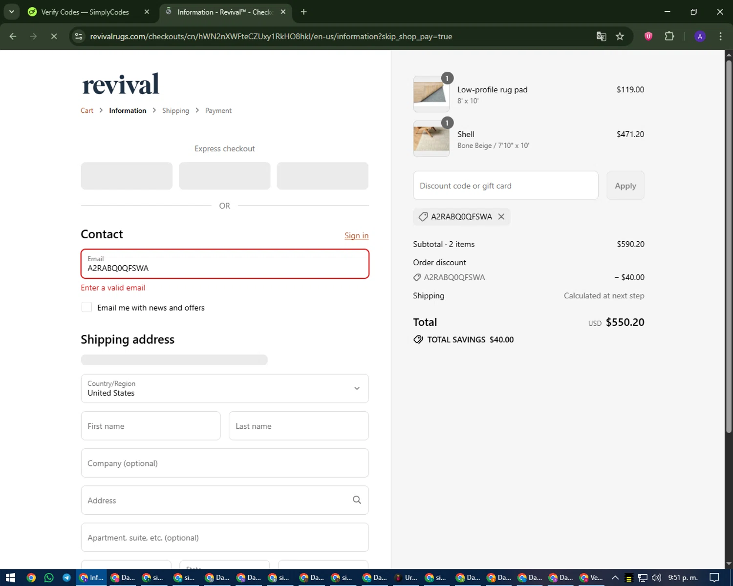 Revival Rugs discount code screenshot showing code A2RABQ0QFSWA applied at Revival Rugs checkout page. Uploaded by SimplyCodes community member MagnificentWarden4603 on Sep 10, 2025