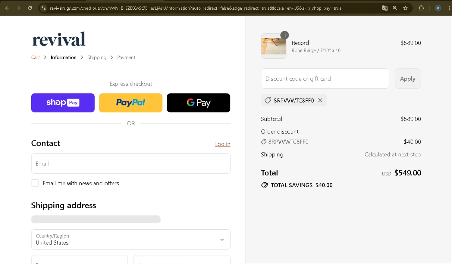 Revival Rugs discount code screenshot showing code 8RPVVWTC8FF0 applied at Revival Rugs checkout page. Uploaded by SimplyCodes community member Danmiel007 on Jul 29, 2025