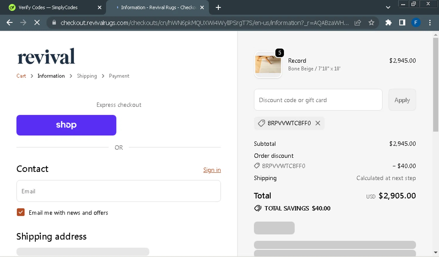 Revival Rugs discount code screenshot showing code 8RPVVWTC8FF0 applied at Revival Rugs checkout page. Uploaded by SimplyCodes community member Fraimer on Dec 25, 2025