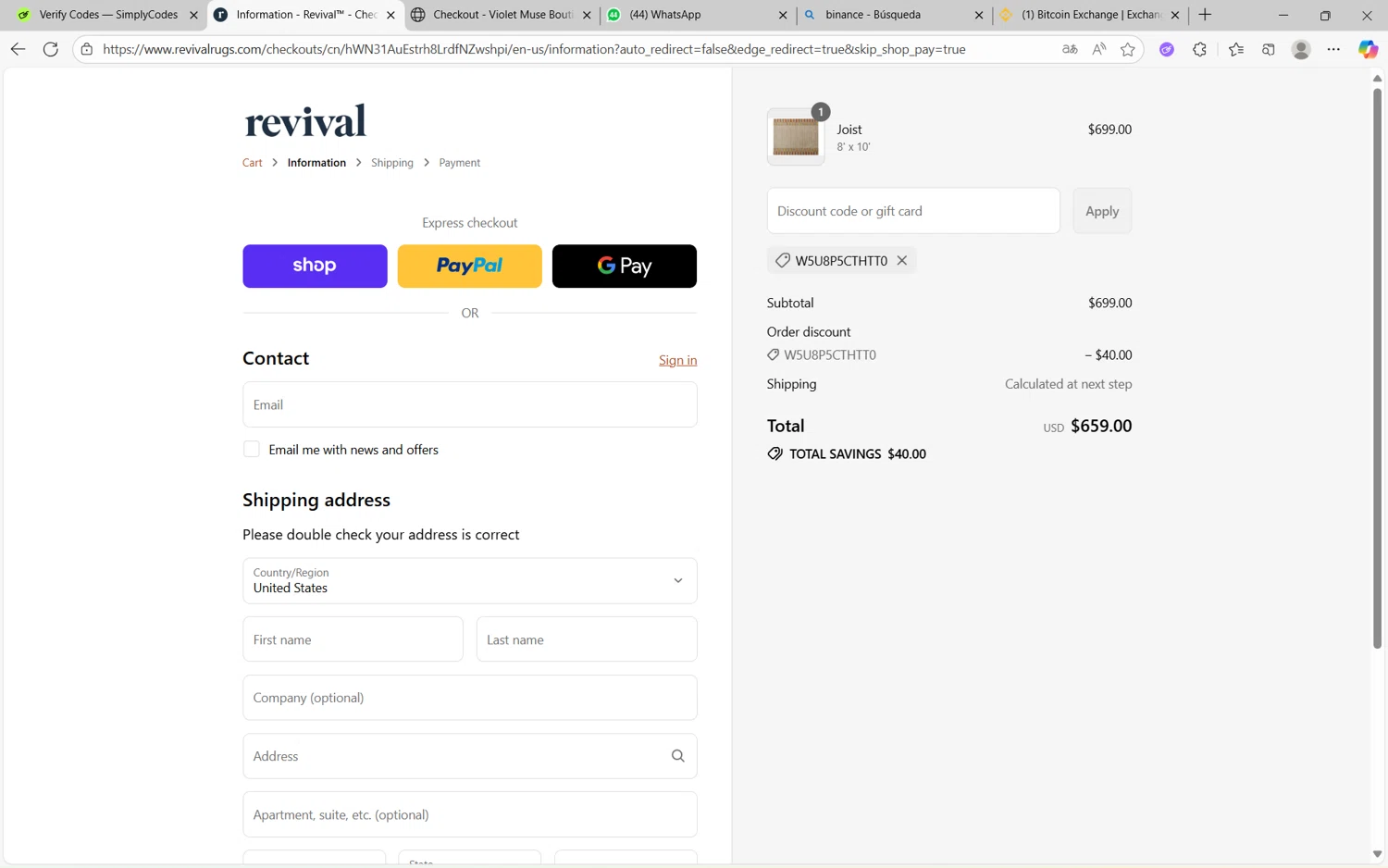 Revival Rugs discount code screenshot showing code W5U8P5CTHTT0 applied at Revival Rugs checkout page. Uploaded by SimplyCodes community member juanx1702 on Sep 15, 2025