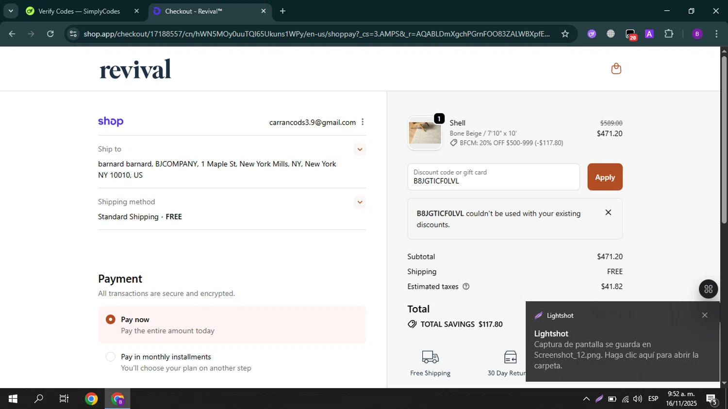 Revival Rugs discount code screenshot showing code B8JGTICF0LVL applied at Revival Rugs checkout page. Uploaded by SimplyCodes community member GoldCurator7936 on Nov 16, 2025