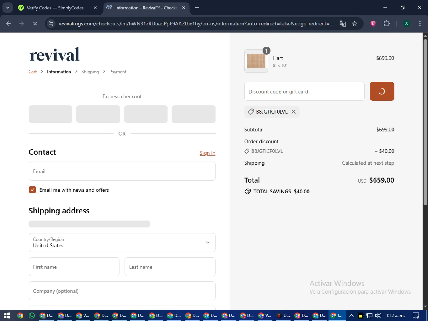 Revival Rugs discount code screenshot showing code B8JGTICF0LVL applied at Revival Rugs checkout page. Uploaded by SimplyCodes community member lilMosey on Sep 16, 2025