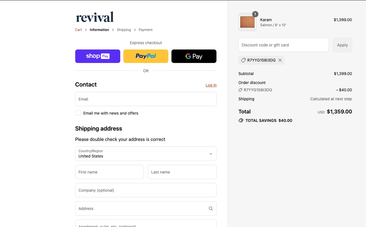 Revival Rugs discount code screenshot showing code R7YYG158I3DG applied at Revival Rugs checkout page. Uploaded by SimplyCodes community member ELOIN777 on Aug 22, 2025