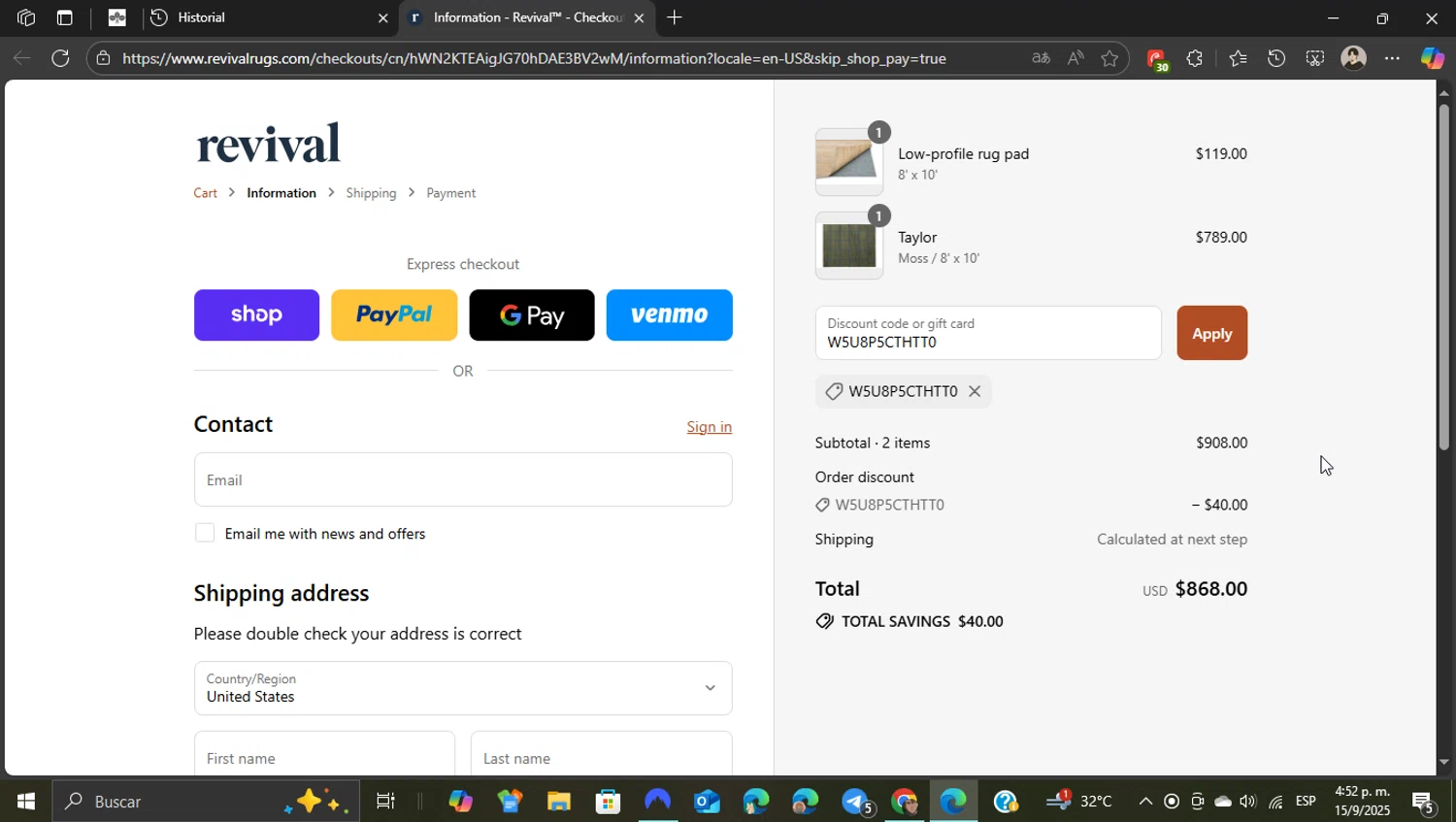 Revival Rugs discount code screenshot showing code W5U8P5CTHTT0 applied at Revival Rugs checkout page. Uploaded by SimplyCodes community member ShieldEagle9436 on Sep 15, 2025