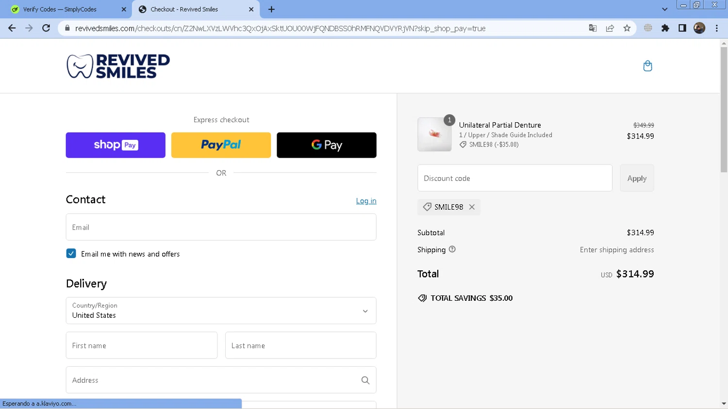 Revived Smiles discount code screenshot showing code SMILE98 applied at Revived Smiles checkout page. Uploaded by SimplyCodes community member CoinScout855 on Feb 11, 2025