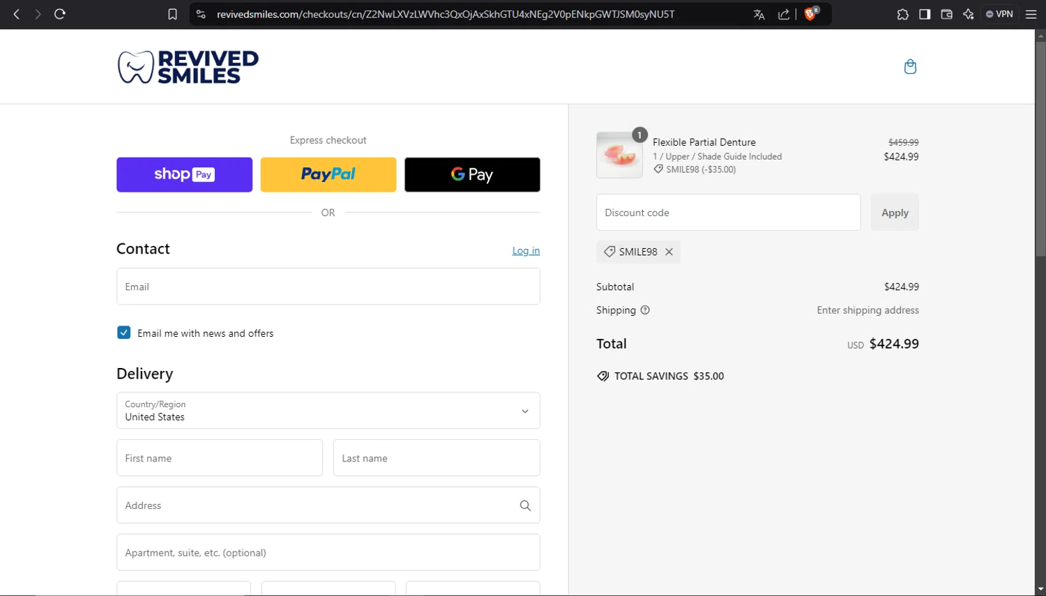 Revived Smiles discount code screenshot showing code SMILE98 applied at Revived Smiles checkout page. Uploaded by SimplyCodes community member crischidy25 on Jan 13, 2025