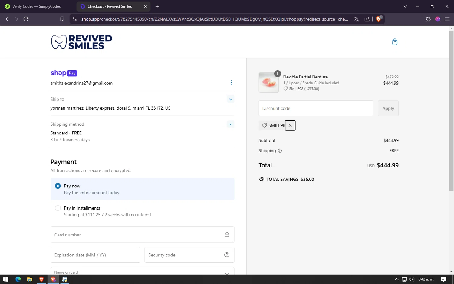 Revived Smiles discount code screenshot showing code SMILE98 applied at Revived Smiles checkout page. Uploaded by SimplyCodes community member lareinadecupones on Feb 11, 2025