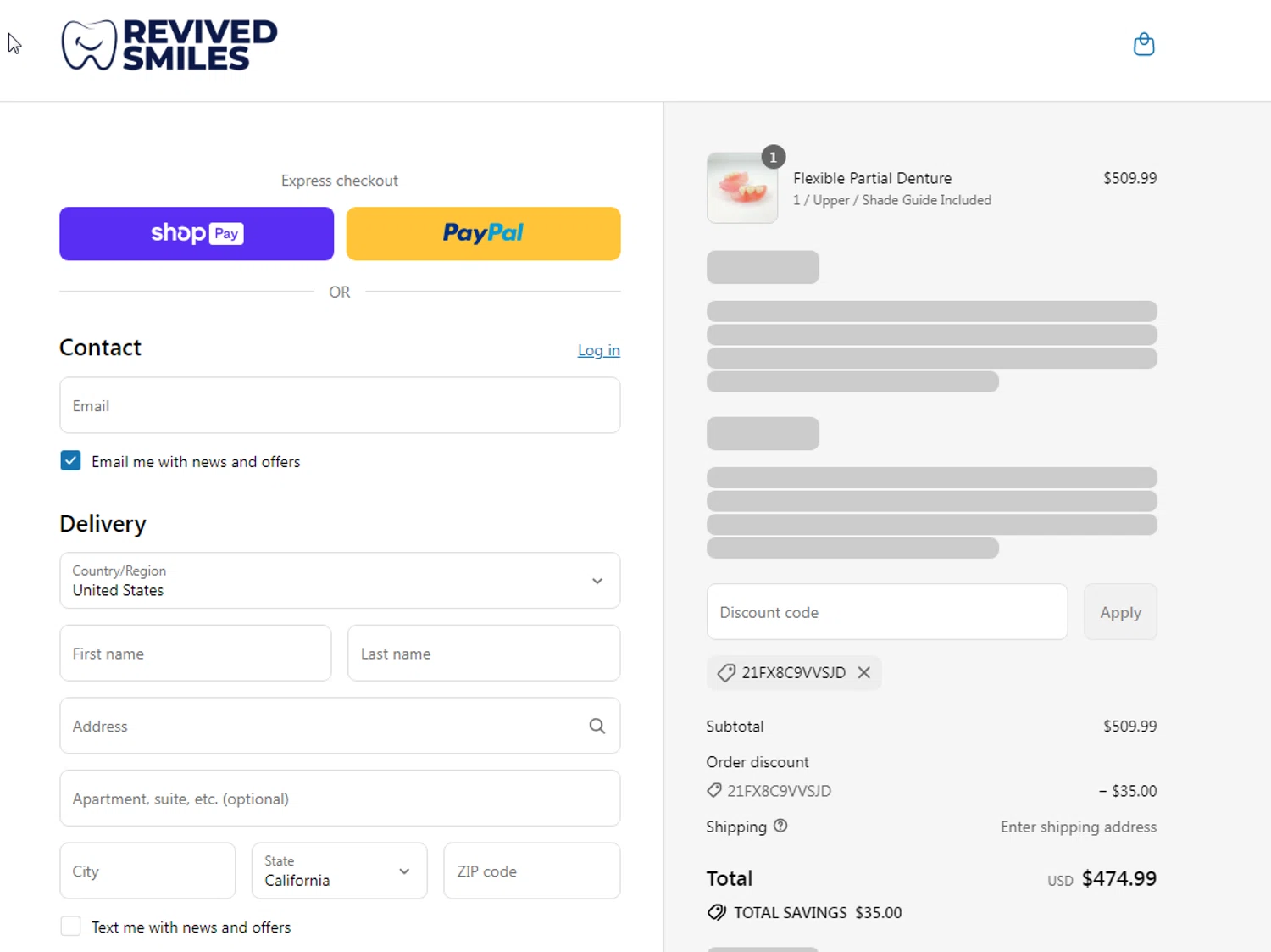 Revived Smiles discount code screenshot showing code 21FX8C9VVSJD applied at Revived Smiles checkout page. Uploaded by SimplyCodes community member cachirulo on Aug 12, 2025