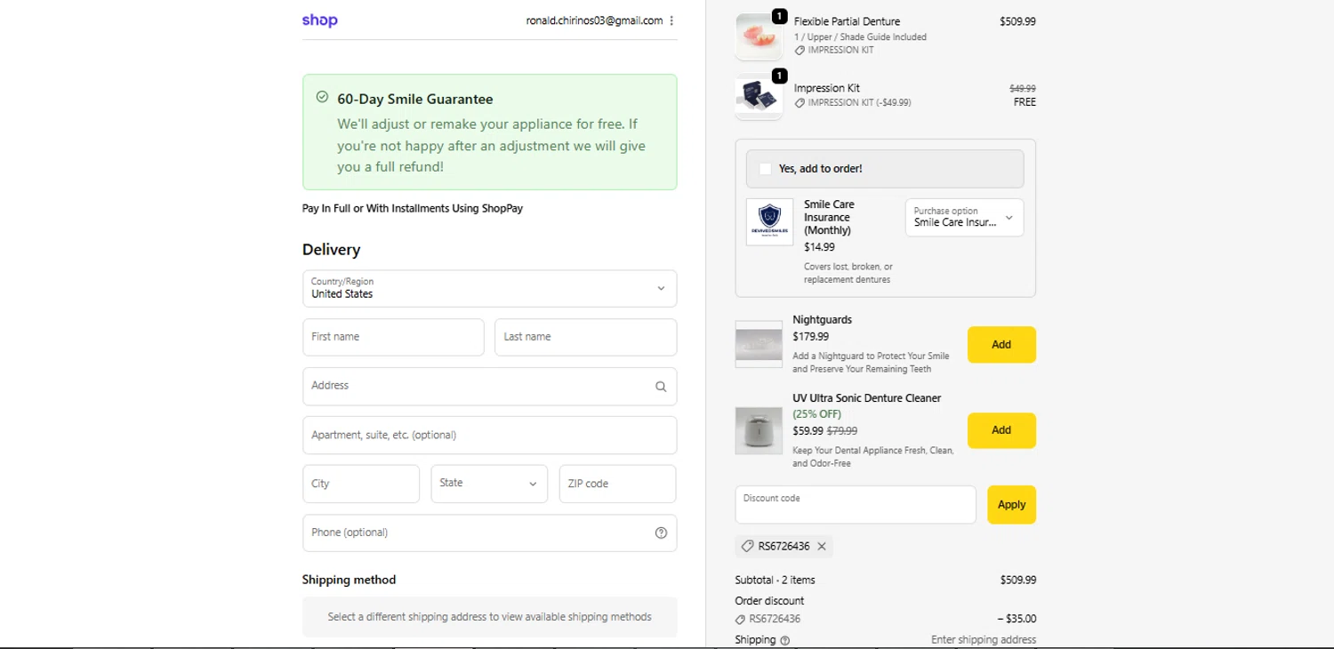Revived Smiles discount code screenshot showing code RS6726436 applied at Revived Smiles checkout page. Uploaded by SimplyCodes community member BrilliantTitan7739 on Nov 13, 2025
