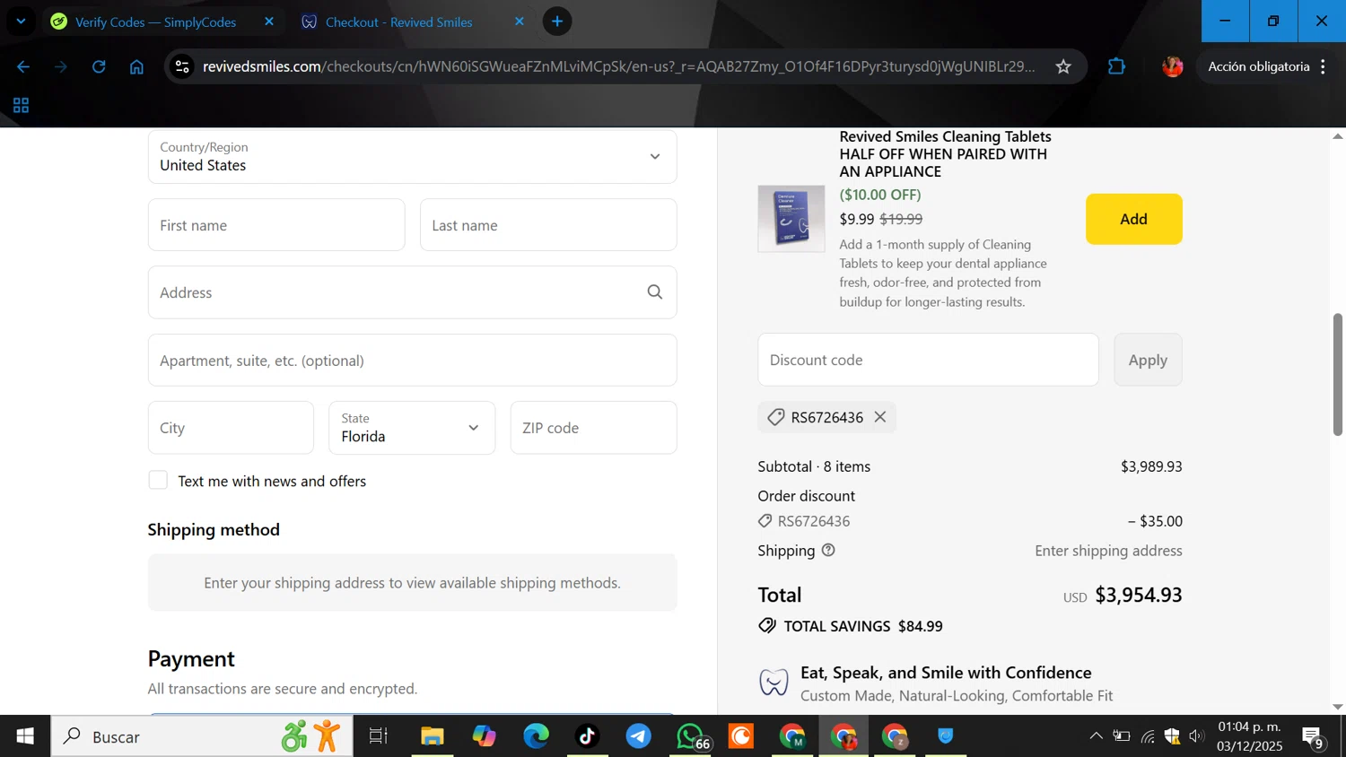 Revived Smiles discount code screenshot showing code RS6726436 applied at Revived Smiles checkout page. Uploaded by SimplyCodes community member ELGOAT on Dec 3, 2025