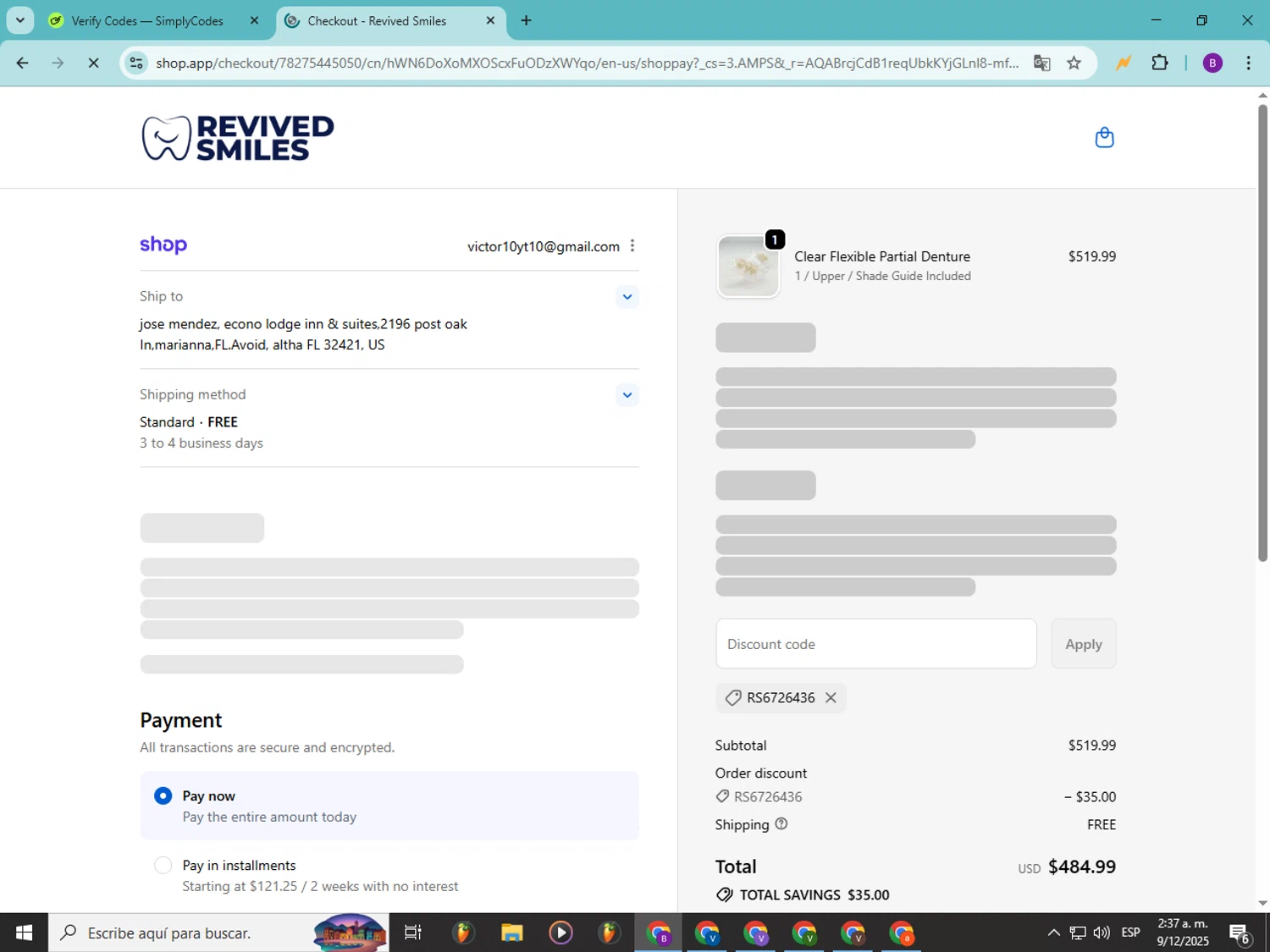 Revived Smiles discount code screenshot showing code RS6726436 applied at Revived Smiles checkout page. Uploaded by SimplyCodes community member Soyvictor on Dec 9, 2025