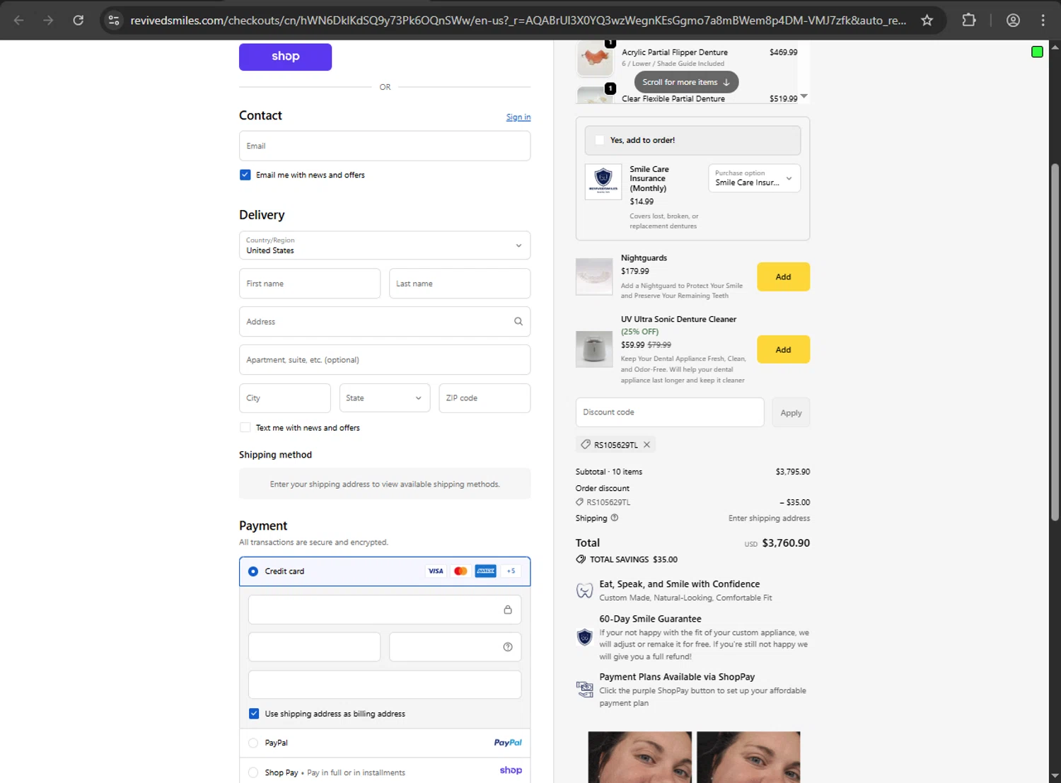 Revived Smiles discount code screenshot showing code RS105629TL applied at Revived Smiles checkout page. Uploaded by SimplyCodes community member JakePerrox on Dec 9, 2025