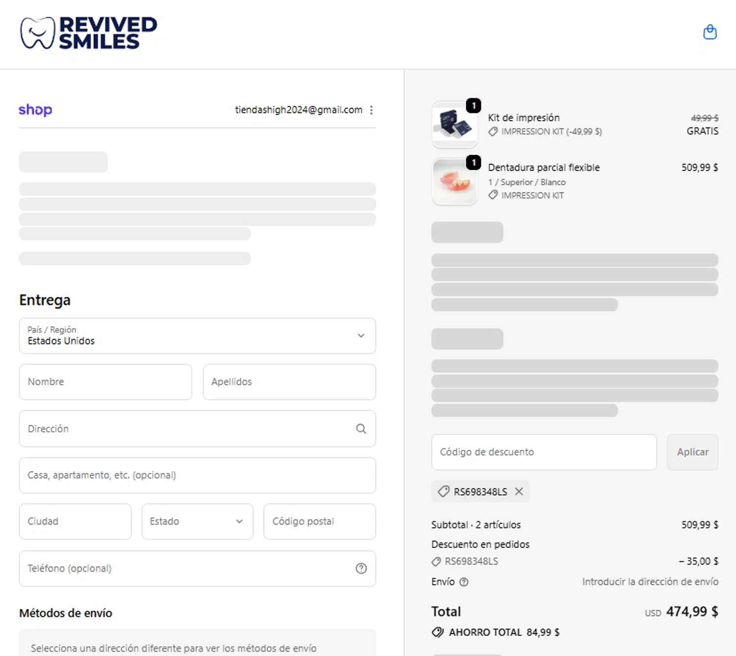 Revived Smiles discount code screenshot showing code RS698348LS applied at Revived Smiles checkout page. Uploaded by SimplyCodes community member couponcheck02 on Oct 13, 2025