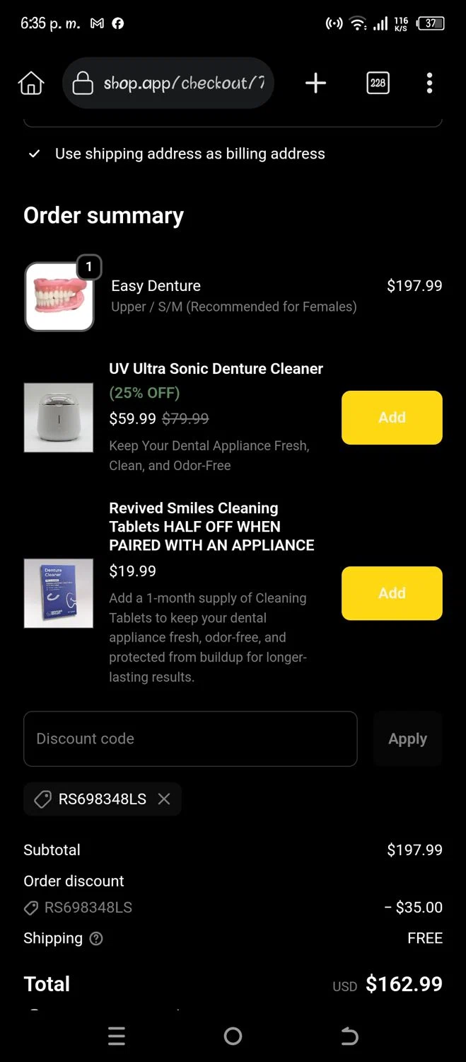 Revived Smiles discount code screenshot showing code RS698348LS applied at Revived Smiles checkout page. Uploaded by SimplyCodes community member Pipina11 on Dec 14, 2025